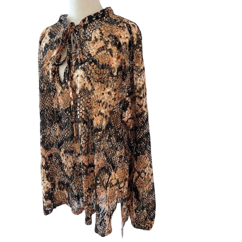 Free People Snake Print Sheer Boho Peasant Blouse Brown Black Flow Top M - Picture 4 of 7